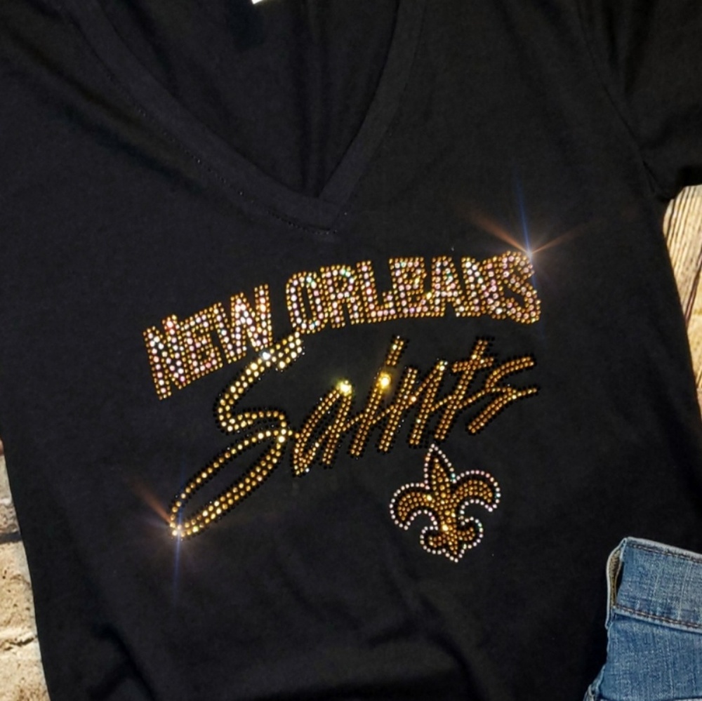 New Orleans Saints New Rhinestone V-Neck T-shirt - Picture 3 of 5